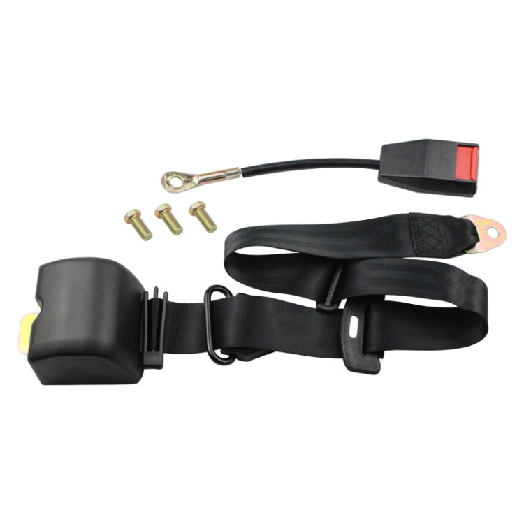 Black three-point seat belt set with retractable strap, metal anchor, and red release