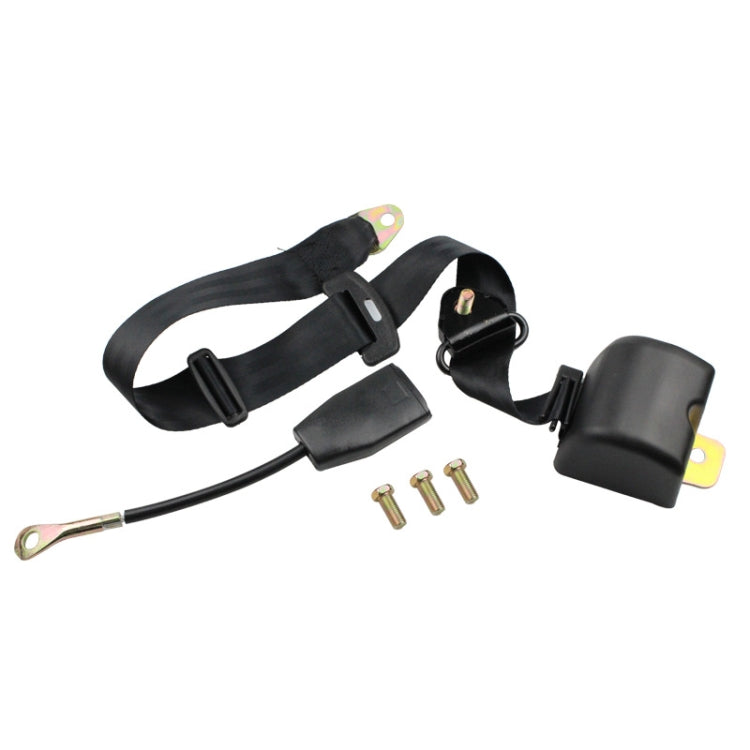Black three-point seat belt set with two buckles, webbing, metal anchor, and screws