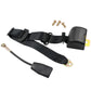Black three-point seat belt webbing with metal anchor, end buckle, and mounting hardware
