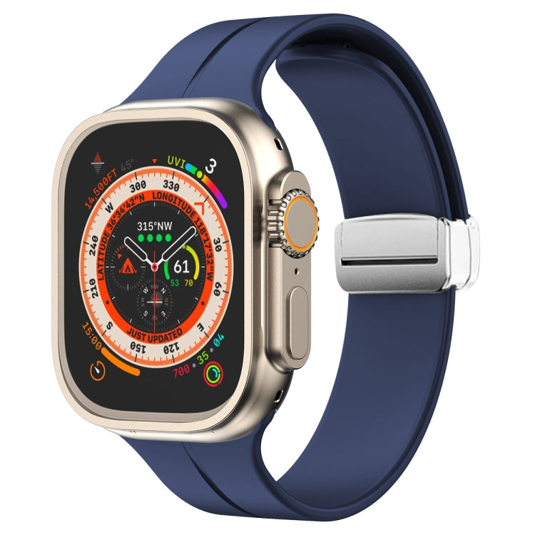 Silicone watch band with magnetic fold clasp, navy blue strap and metal clasp