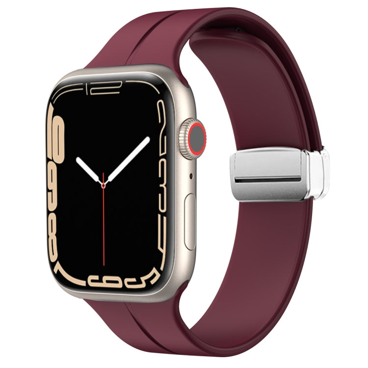 Wine purple silicone watch band with magnetic fold clasp for Apple Watch, side view.