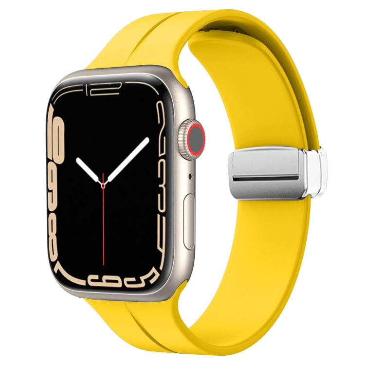 Bright yellow silicone watch band with magnetic fold clasp for Apple Watch, front view.
