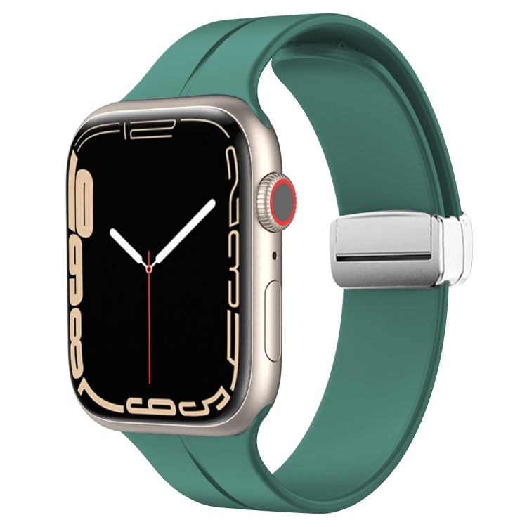 Silicone watch band with magnetic fold clasp, dark green strap and metal clasp