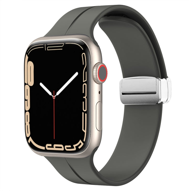Silicone watch band with magnetic fold clasp, charcoal gray strap and metal clasp