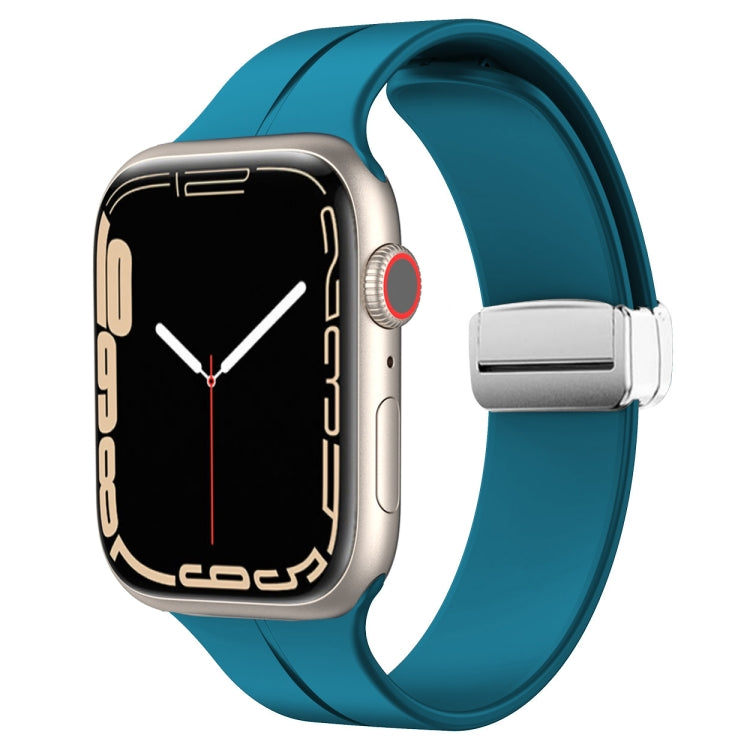 Silicone watch band with magnetic fold clasp, dark blue strap and metal clasp