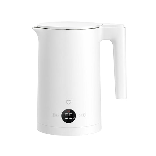 White electric kettle with spout and handle, front digital temperature display