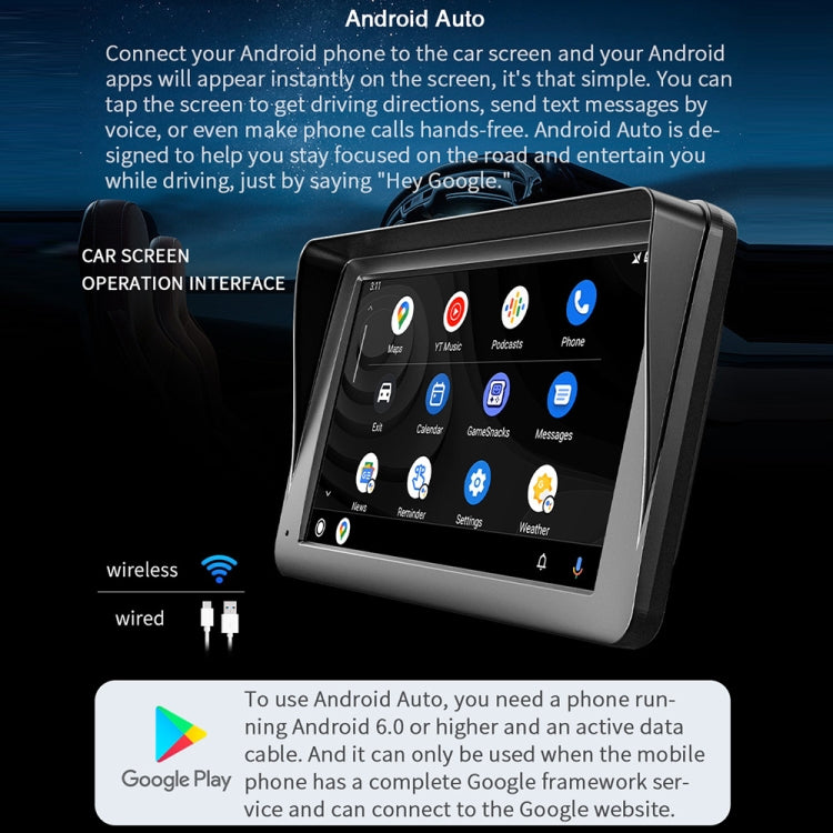 7-inch touchscreen car player showing Android Auto app grid