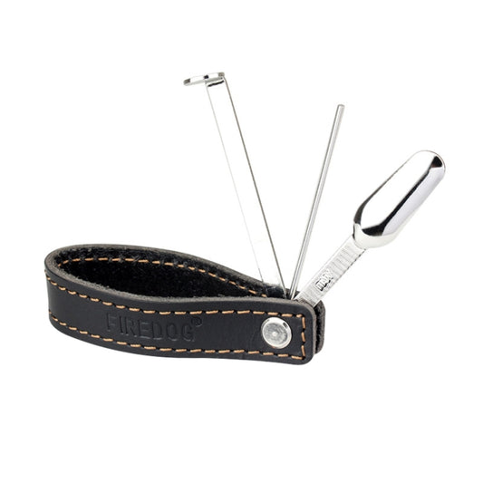 Black leather pipe holder with three metal pipe-cleaning tools and carbon knife