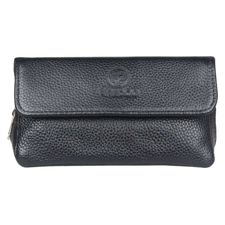 Black cowhide double pipe bag with front flap and FIREDOG logo, zip opening