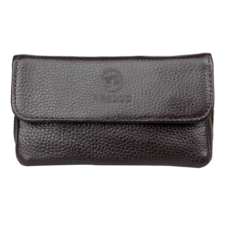Brown cowhide double pipe bag with front flap and FIREDOG logo, zip opening