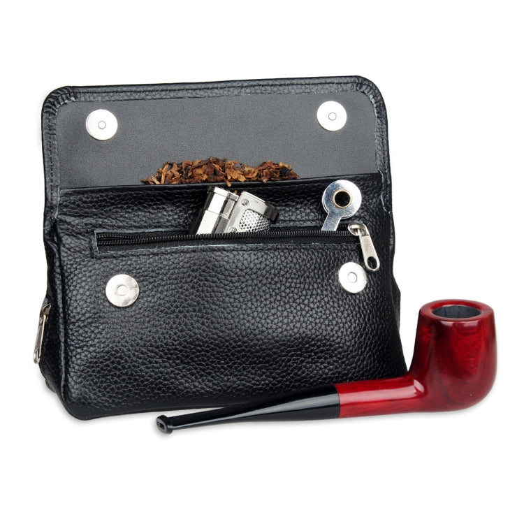 Black cowhide double pipe bag opened with zipper pocket, pipe and tobacco inside