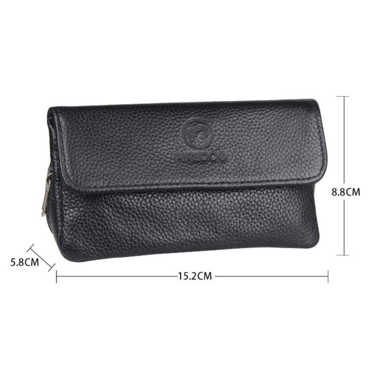 Black cowhide double pipe bag with front flap and FIREDOG logo, compact pouch