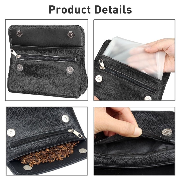 Black cowhide double pipe bag details: front snaps and zippered compartments
