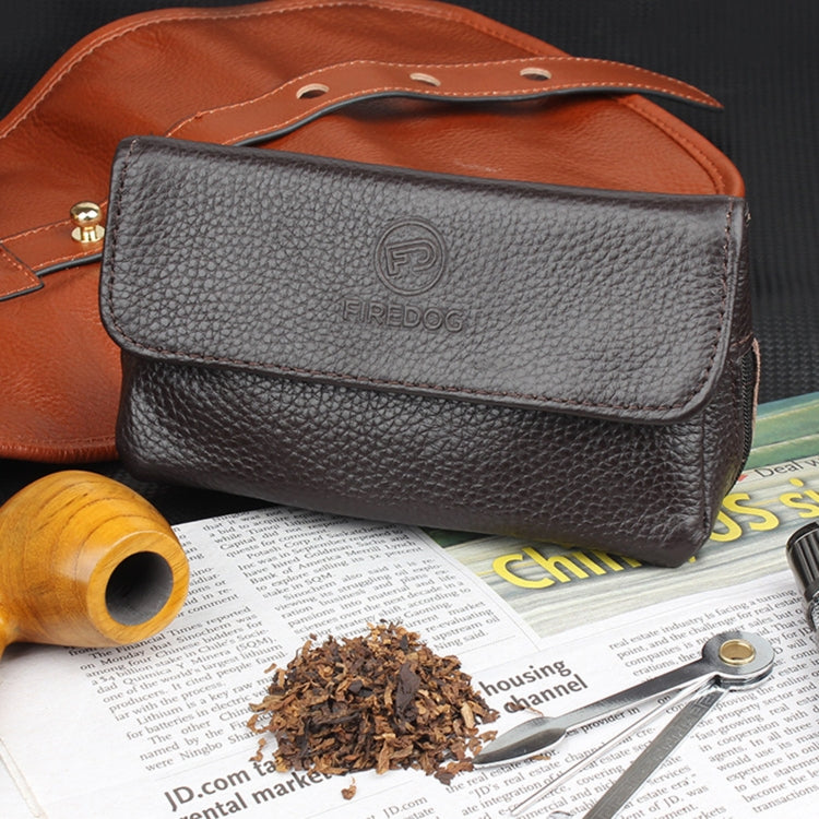 Brown cowhide double pipe bag with flap, FIREDOG logo, and pipe accessories