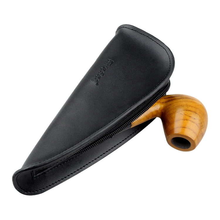 Black leather portable smoking pipe bag with zipper and cylindrical wooden pipe rest