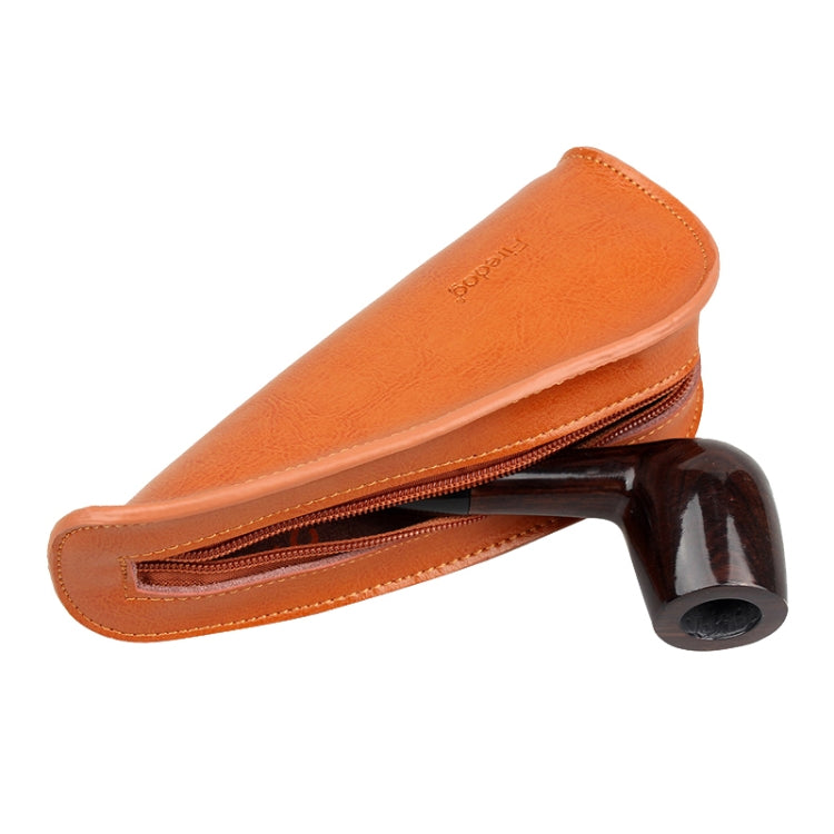 Orange leather portable smoking pipe bag with zipper and curved pipe rest