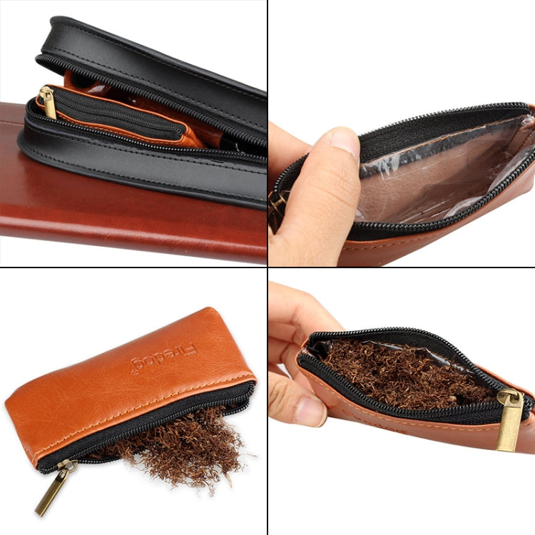 Firedog brown zippered pouch open, showing tobacco filling