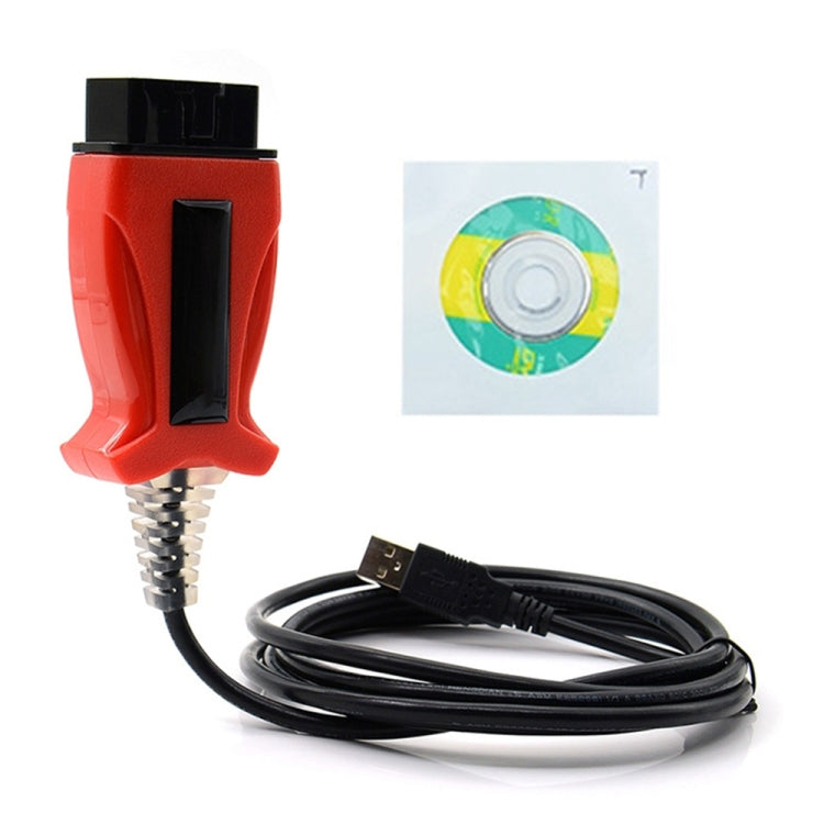 Red and black USB diagnostic cable with OBD connector and driver CD