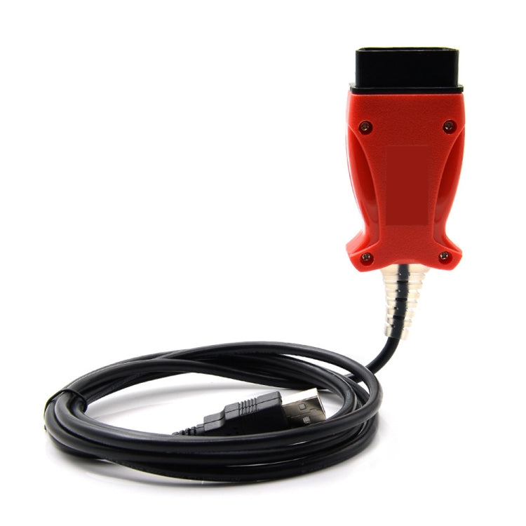 Red diagnostic connector with metal port and black USB cable