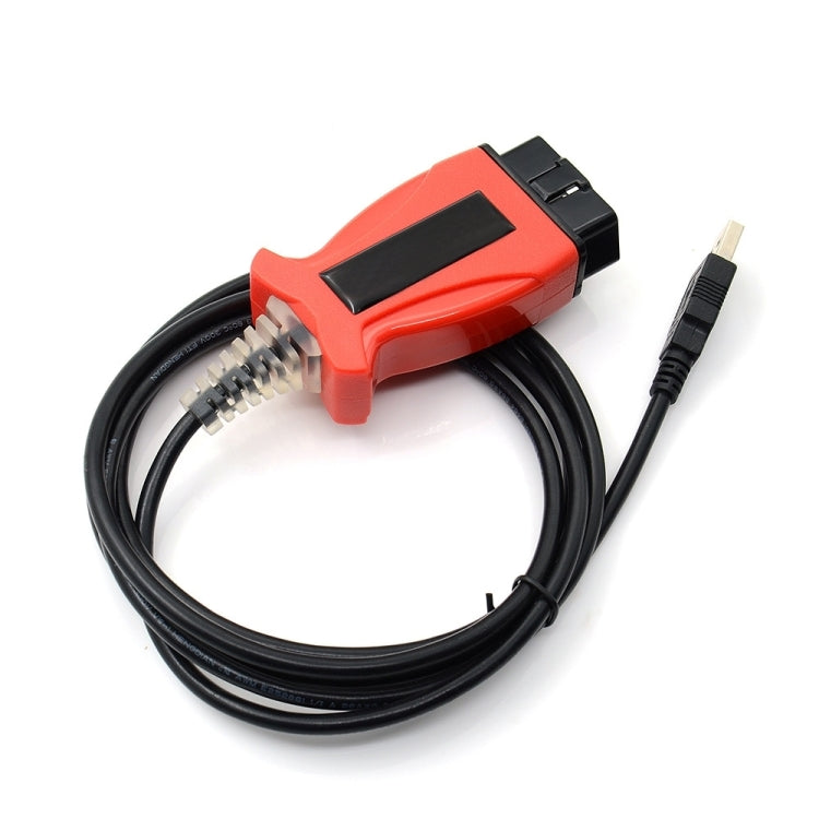 Red OBD diagnostic cable with black connector and USB plug