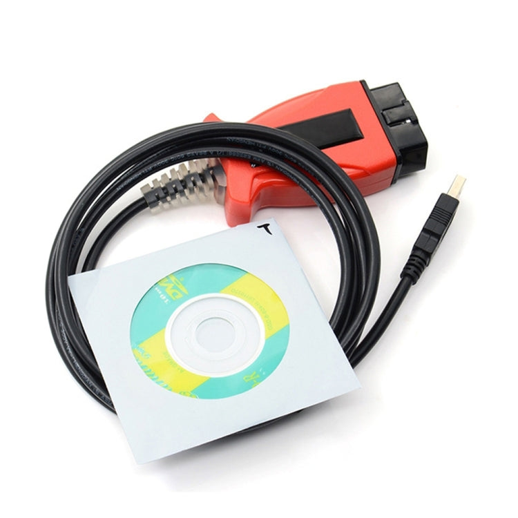 Red and black USB diagnostic cable with driver CD and OBD adapter
