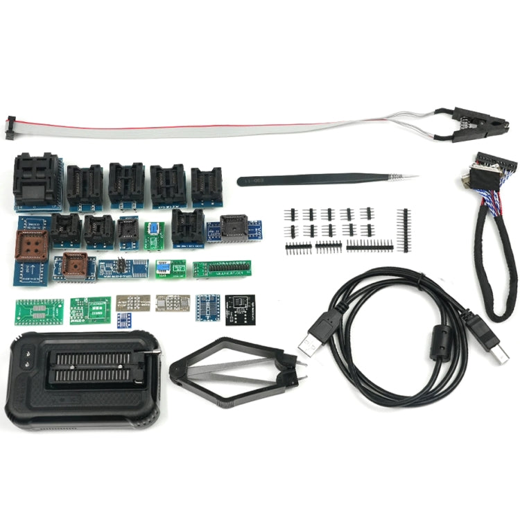 T48 programmer kit components: adapter sockets, wiring harnesses, and interface cable