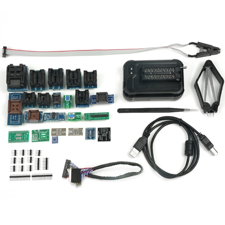 T48 programmer kit contents with main base, adapters, jumper links, and cables