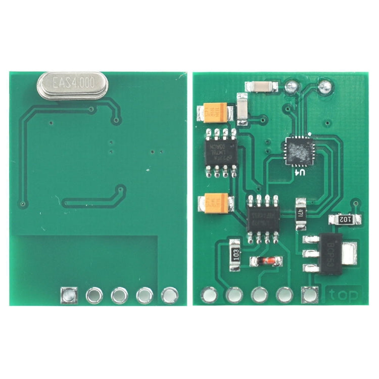 Green PCB with IC chips, capacitors, resistors, and pin connector pads