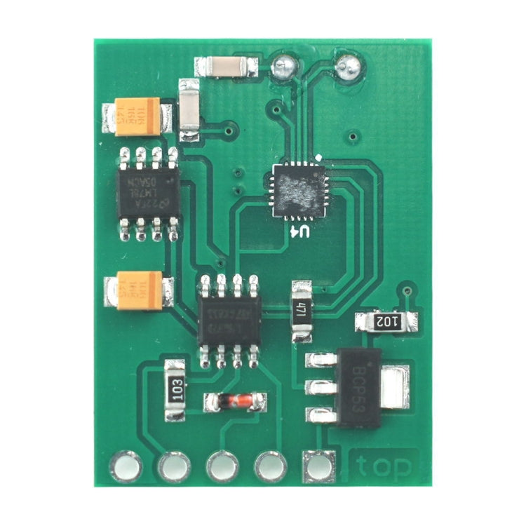 Single green circuit board with IC chip, small components, and solder pads