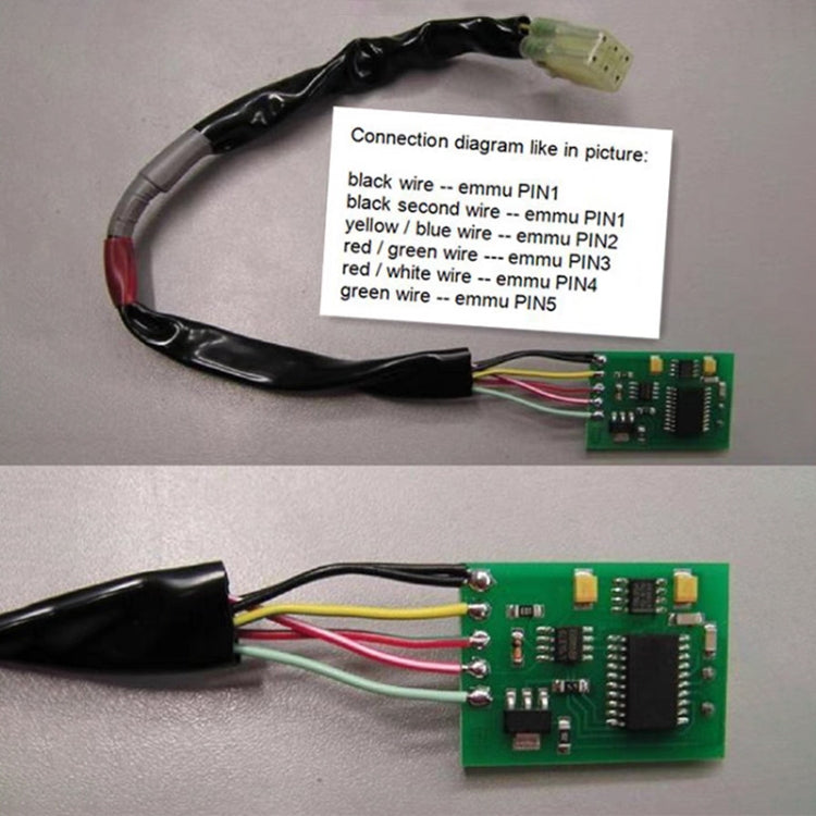 Immo emulator PCB with wiring harness and white connection diagram label