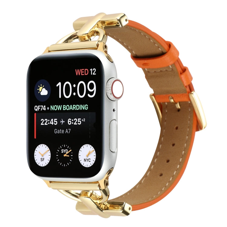 D-buckle leather watch band in orange with gold-tone buckle and stitching