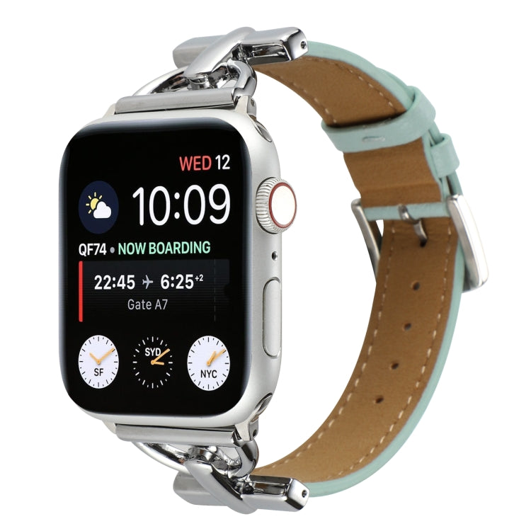 Genuine leather D-buckle watch band, light blue strap with silver buckle hardware