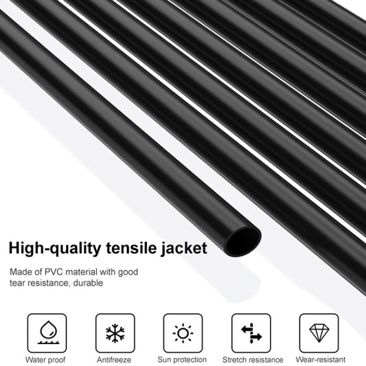 Black PVC-coated cable sleeve with multiple wires inside, showing connector openings.