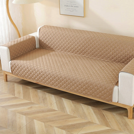 Waterproof pet cushion cover, diamond quilt, light beige fitted for sofa seat and arms.