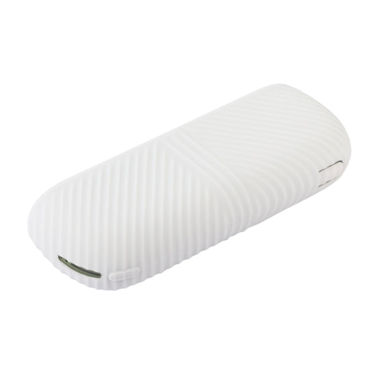 White silicone charging compartment case with side cover for IQOS ILUMA, angled view