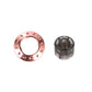 Rose pink metal cap ring with five studs and included removal tool