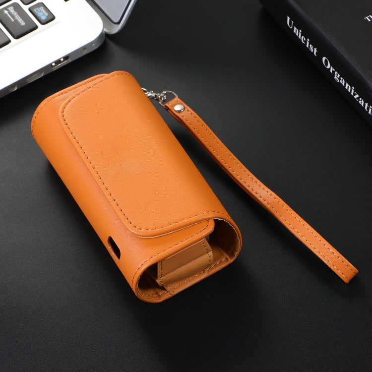 Orange portable electronic cigarette case with wrist strap and stitched front panel