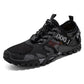 Men's outdoor hiking shoes, black knit upper with red speckle, chunky tread and laces