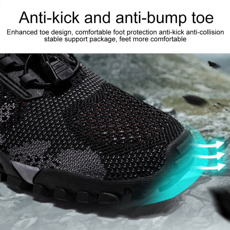 Men's hiking shoe toe area, cushioned sole with anti-slip tread and mesh upper