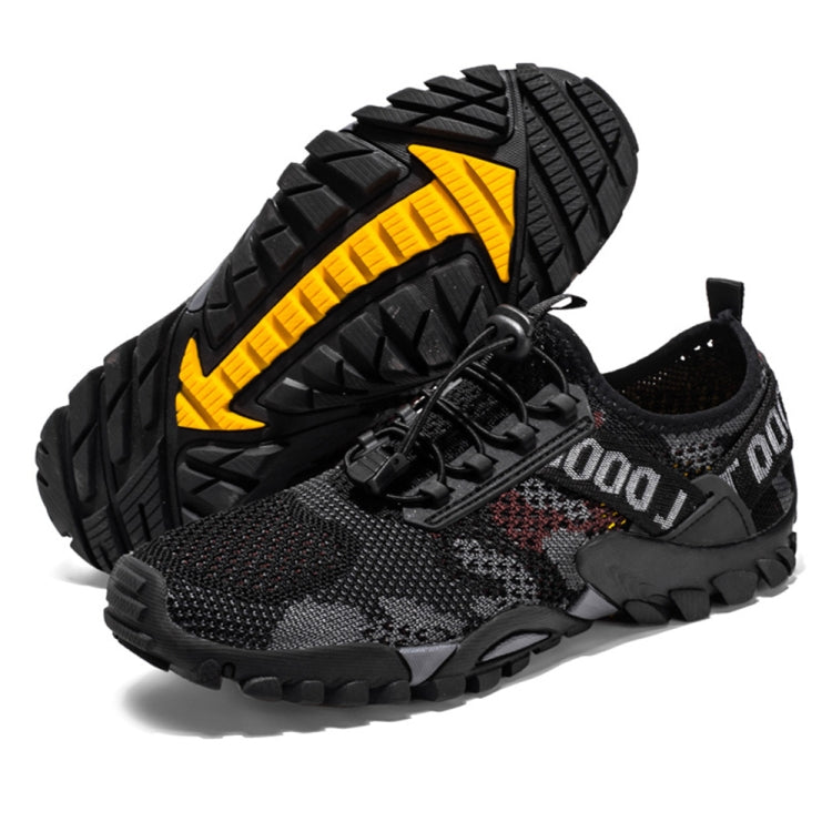 Men's outdoor hiking shoes with thick tread, dark gray knit upper and black velcro strap