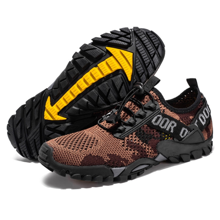 Men's outdoor hiking shoes with rugged tread, brown speckled mesh upper and black straps