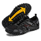 Men's outdoor hiking shoes with thick tread, dark gray speckled mesh upper and side branding