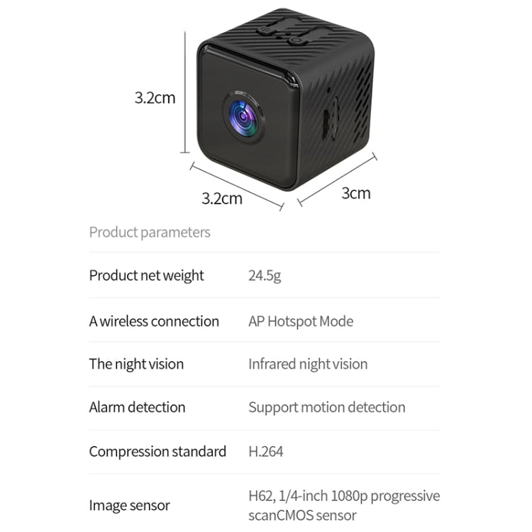 Black mini WiFi security camera with dimension labels and spec table