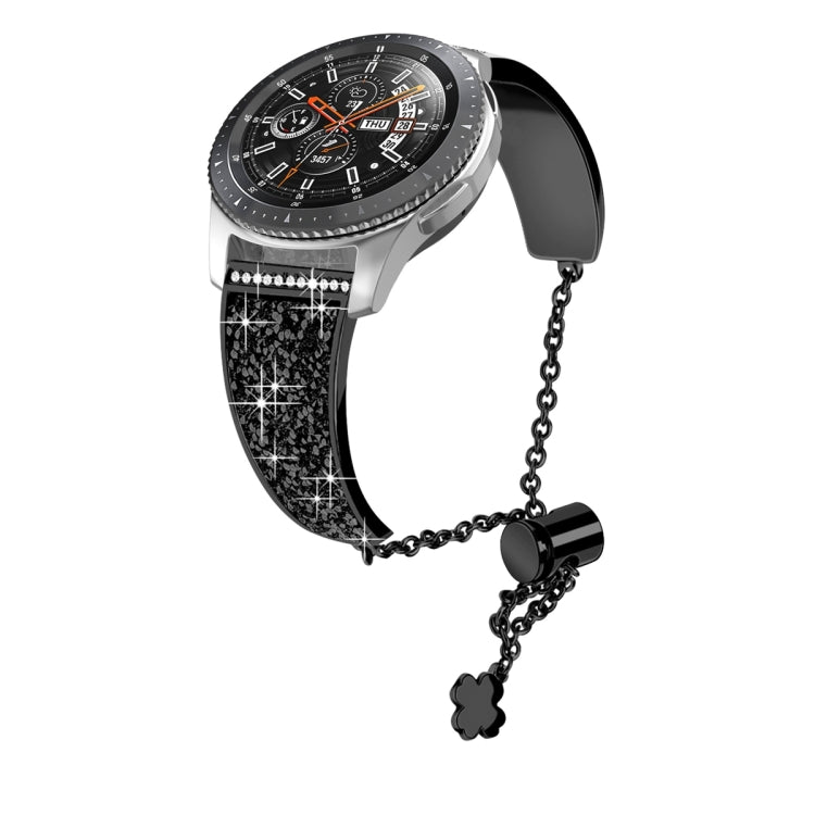 Black rhinestone metal watch strap with chain, round end caps, and clover charm