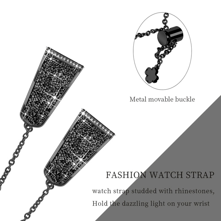 Black rhinestone watch strap with movable metal buckle and chain with clover charm