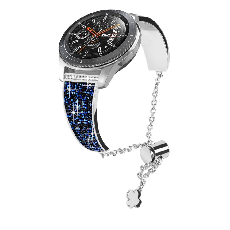 Blue rhinestone watch strap with silver chain and clover charm