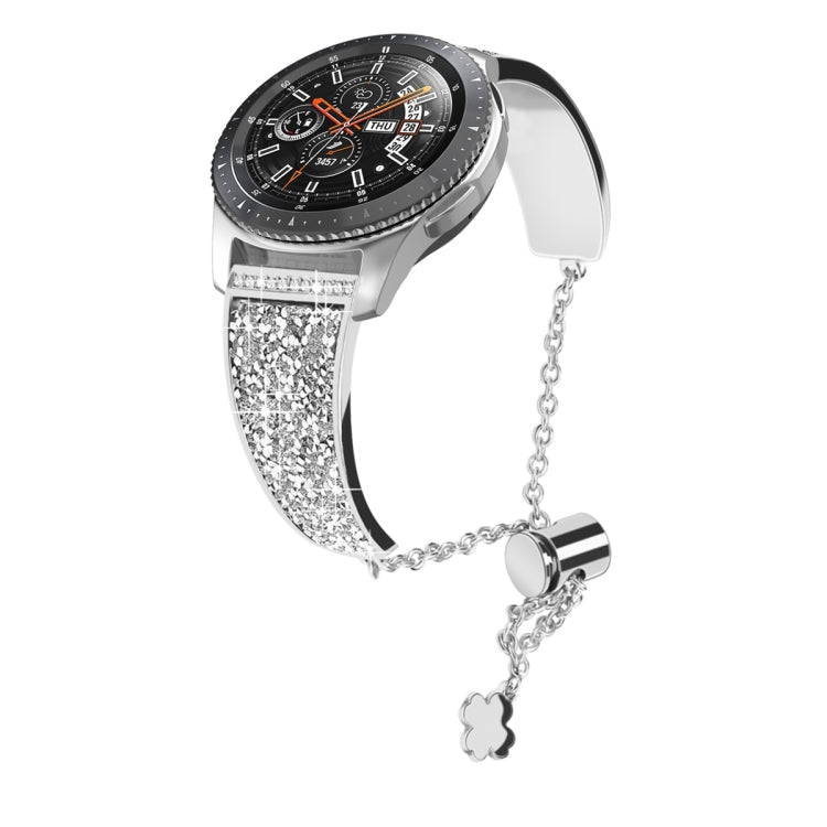 Silver rhinestone watch strap with silver chain and clover charm