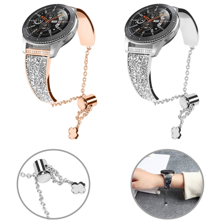 Rose gold and silver rhinestone watch straps with chains and clover charms