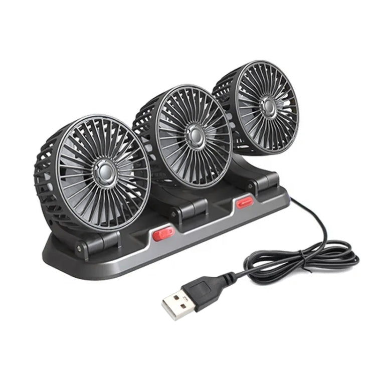 Three-head rotating car fan with black base and three silver grille fans