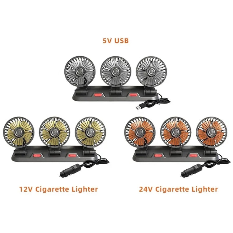 Three-head car fan shown in USB and 12V/24V cigarette lighter versions